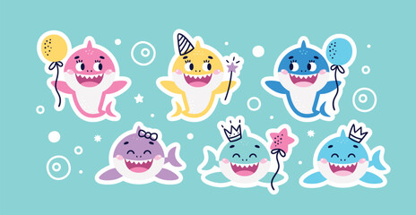 Set of Baby Shark Birthday cute vector marine colorful stickers. Ideal for kids cards, prints, anniversary, invitation