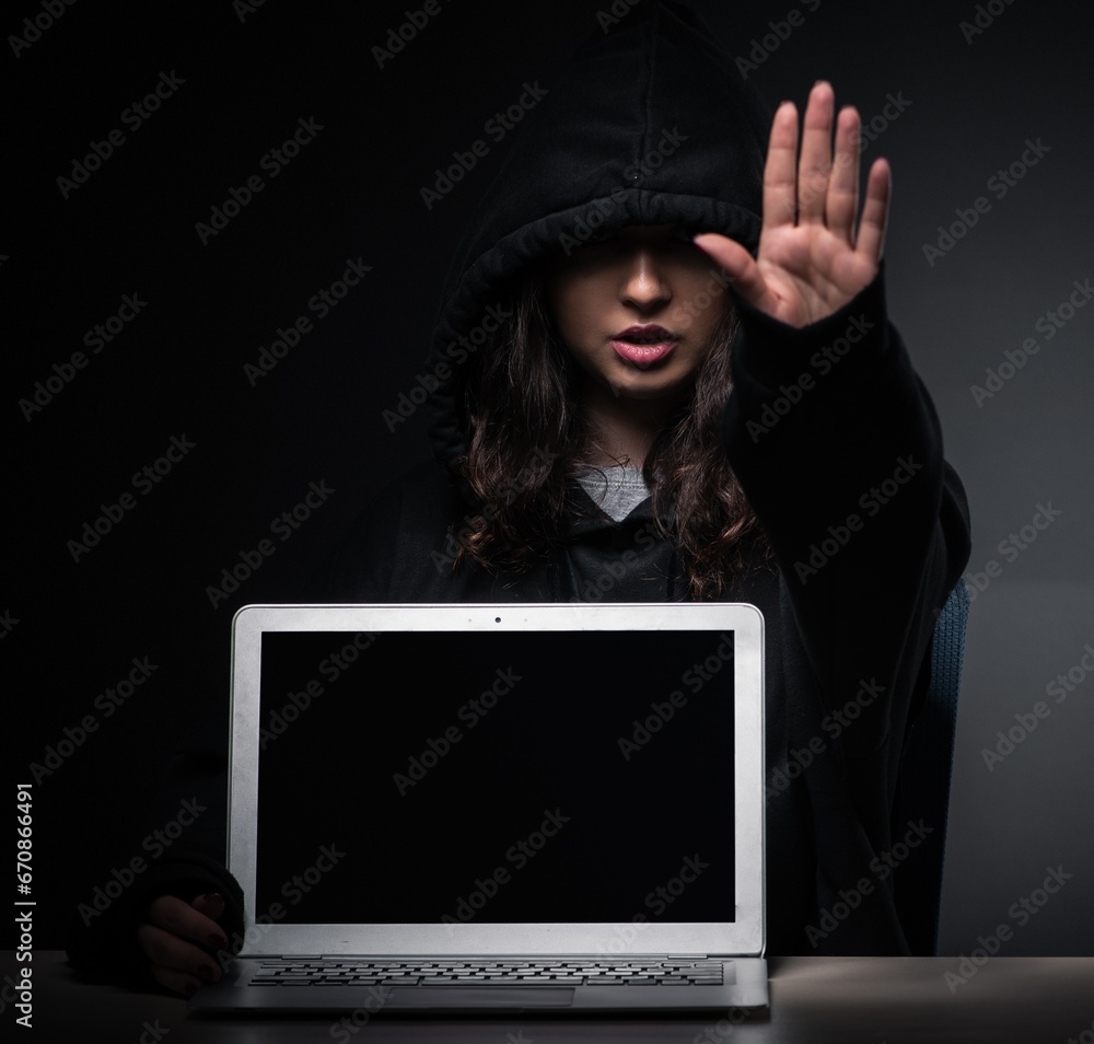 Poster female hacker hacking security firewall late in office