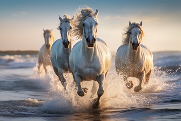 gorgeous white horses running on the sea shore in morning light - obrazy, fototapety, plakaty