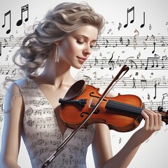 Pretty woman in dress with music key and notes