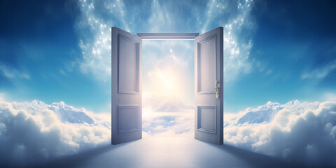 open door to the sky , Heaven Door  , open door into surreal sky, Opening door in sky with generative ai
