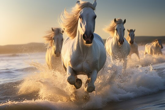 gorgeous white horses running on the sea shore in morning light