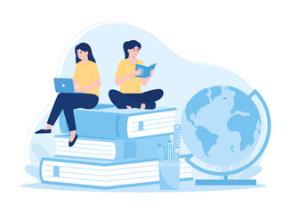 Learn to use a laptop and global concept flat illustration