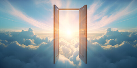 Heaven Door ,Man is walking out of open door into surreal sky with ggenerative ai
 - obrazy, fototapety, plakaty