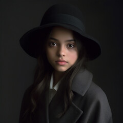 Studio portrait of a young female model wearing a format black jacket and hat.