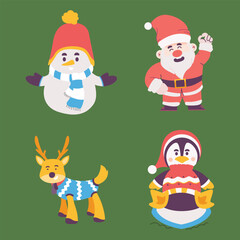 Cute Christmas Character Set. Penguin, Santa, Reindeer, Snowman. cute christmas character, christmas element, christmas collections. Vector Illustrations