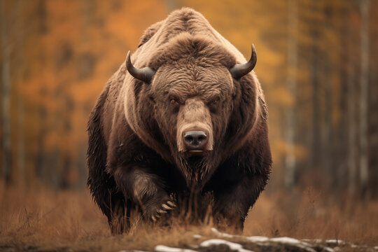 half-bear half-buffalo running onto the camera in natural  landscape