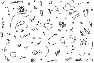 Set of cute pen line doodle element vector. Hand drawn doodle style collection of heart, arrows, scribble, speech bubble, flower, stars, words. Design for print, cartoon, card, decoration, sticker.