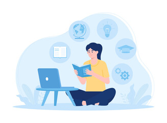 Fototapeta na wymiar A woman studies using books and a laptop concept flat illustration