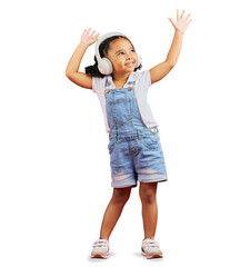 Dancing, music headphones and kid smile isolated on a transparent png background. Radio, happy and...