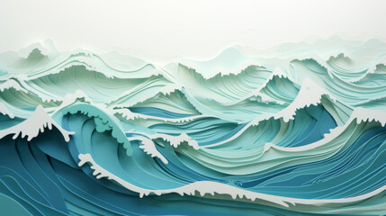 Abstract topographic style waves. Paper cutout art style of of rough sea or ocean waves - obrazy, fototapety, plakaty