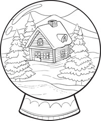 Winter House. Christmas Snow Globe. Coloring Page for Adults and Kids. Hand drawn. 
