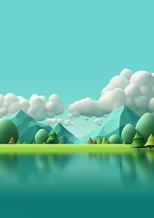 Rolgordijnen Cartoon style landscape with grass and clouds Created with generative Ai © Sanuar_husen