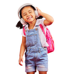 Smile, music headphones and school girl isolated on a transparent png background. Radio, happy and...