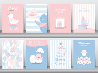 Set of baby shower invitation cards,birthday,poster,template,
greeting cards,cute,chicken,animals poster,template,Vector illustrations.  - 670868298