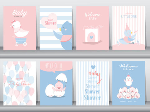 Set of baby shower invitation cards,birthday,poster,template,
greeting cards,cute,chicken,animals poster,template,Vector illustrations. 