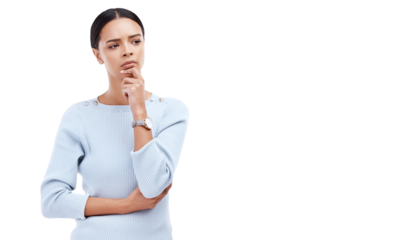 Thinking, confused and woman in doubt for decision isolated on a transparent PNG background. Thoughtful female person in wonder, emoji or choice and contemplating ideas for plan, remember or memory