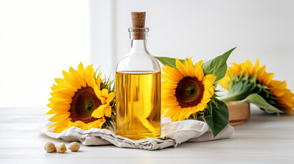 Aromatherapy oil in a glass bottle with fresh sunflower - obrazy, fototapety, plakaty