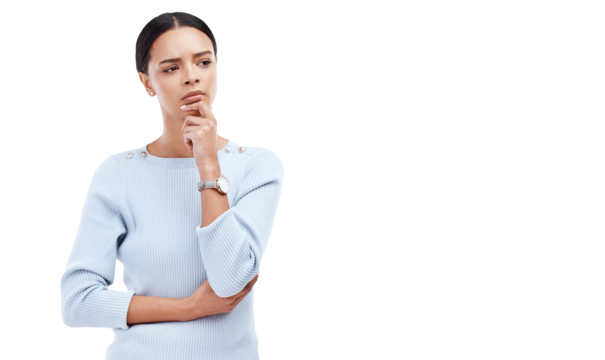 Thinking, confused and woman in doubt for decision isolated on a transparent PNG background. Thoughtful female person in wonder, emoji or choice and contemplating ideas for plan, remember or memory