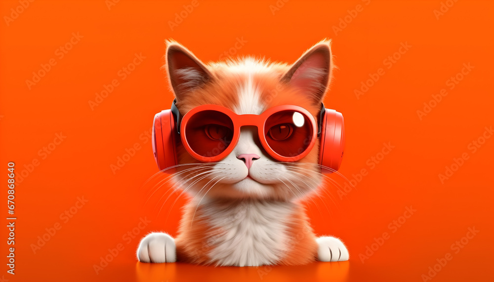 Wall mural orange cat wearing sunglasses on an orange background, funny, fashion, pic as wallpaper, poster, t shirt and others.Generative AI