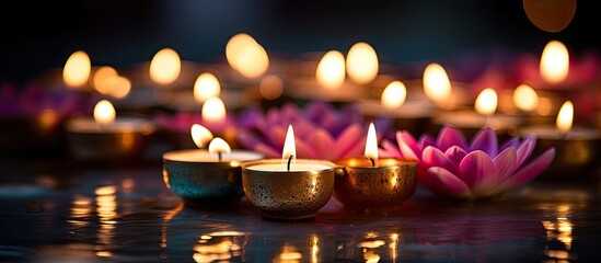 Diwali decoration with floating candles and Bokeh lights