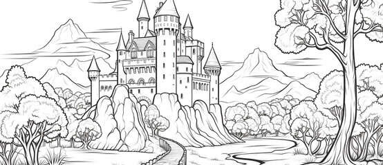Sketch painting of a castle on a mountain and a natural landscape of mountains and rivers 4