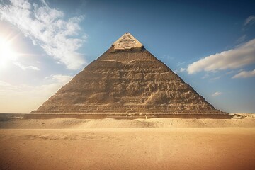 AI illustration of an ancient Egyptian pyramid in the desert, illuminated by the bright sunlight