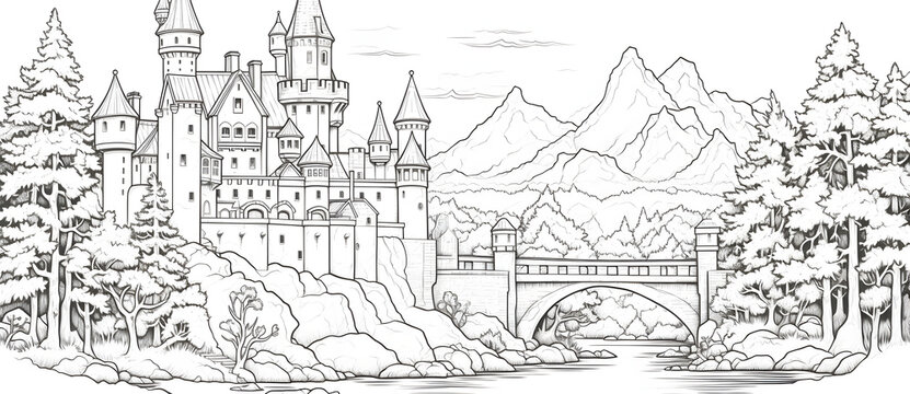 Sketch painting of a castle on a mountain and a natural landscape of mountains and rivers 6