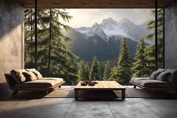 Foto op Plexiglas Interior of modern living room with wooden walls, concrete floor, panoramic window and mountain view © ttonaorh