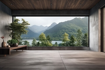 Interior of modern living room with wooden walls, concrete floor, panoramic window and mountain view