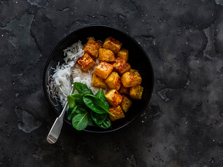 Simple vegetarian lunch - spicy baked pumpkin, rice and spinach on a dark background, top view