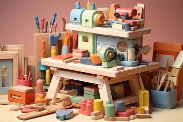 Wooden toy toolset, fostering creativity and DIY spirit in gentle pastel tones, Generative AI