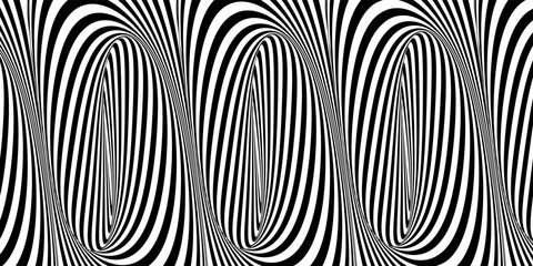 Abstract black and white striped background. Geometric pattern with visual distortion effect. Optical illusion. Op art.