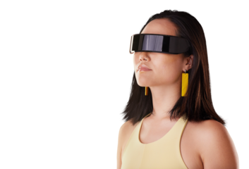 Isolated woman, augmented reality glasses or vision for matrix, metaverse or thinking by transparent png background. Gen z girl, vr tech and ideas with 3d user experience, movies or video in profile