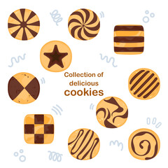 Cartoon cookie vector illustration of delicious food Biscuits and crackers, baked flour products Gingerbread, and chocolate cake. Dessert. Pastry collection isolated on a white background.