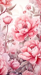 Peony flowers watercolor background. Vertical image for mobile