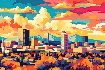 Art Deco, Futuristic Cyberpunk Streetscape, Sunset Scene of Albuquerque NM