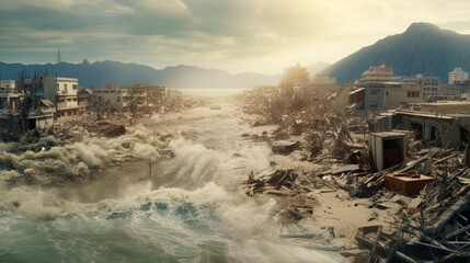 津波で破壊された都市の大惨事を表現したイメージイラスト - obrazy, fototapety, plakaty