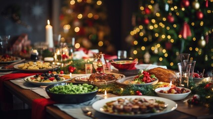 Christmas or New Year's dinner table full of dishes with food and snacks background.