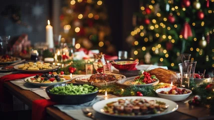 Papier Peint photo Lavable Pleine lune Christmas or New Year's dinner table full of dishes with food and snacks background.
