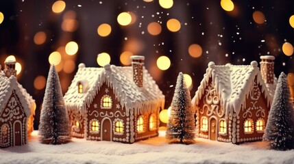 Fototapeta premium Christmas gingerbread houses on wooden table with bokeh background.