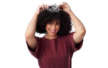 Happy, beautiful and portrait of a woman with a tiara for royalty, winning and success with style....