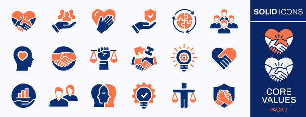 Core values icon set. Collection of business, social responsibility, mission, integrity and more. Vector illustration. Easily changes to any color.