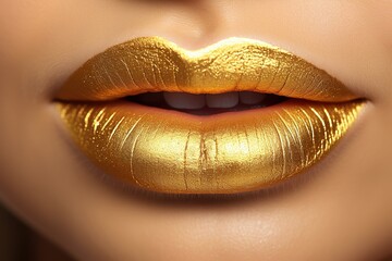 Gold bright lip makeup for a party. Model makeup. Lip makeup concept. Generated by artificial intelligence - obrazy, fototapety, plakaty
