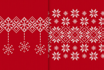 Two seamless ornaments. Red Xmas print. Christmas knitted geometrical pattern. Fair isle traditional holiday background. Festive sweater. Vector illustration. - obrazy, fototapety, plakaty
