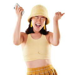 Phone, winner and happy woman with fashion success, cheers or celebration of sales or gen z...