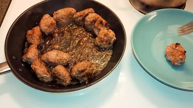 Fried Meatballs Frying Pan. Food Recipe Pork Meat Cooking Swedish Meatballs