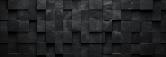Black antharcite  wooden texture with square cubes mosaic background panorama banner long - obrazy, fototapety, plakaty