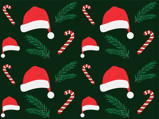 Christmas seamless pattern with Santa Claus hat, candy cane, fir branch, on green background, repeating pattern, wallpaper, tile, backdrop, gift wrapping paper.
