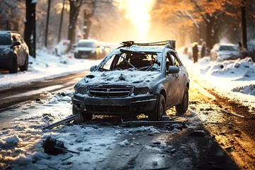 Fotobehang car crash in a car accident on slippery road in winter © alexkoral